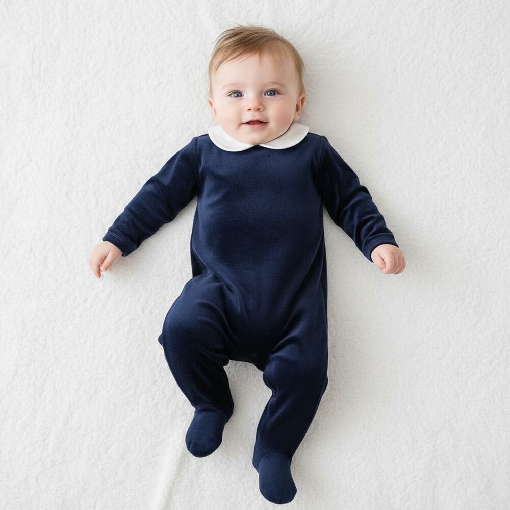 Edgehill Collection Baby Boy Navy Velour Footed Romper Sz NB Peter Pan Collar